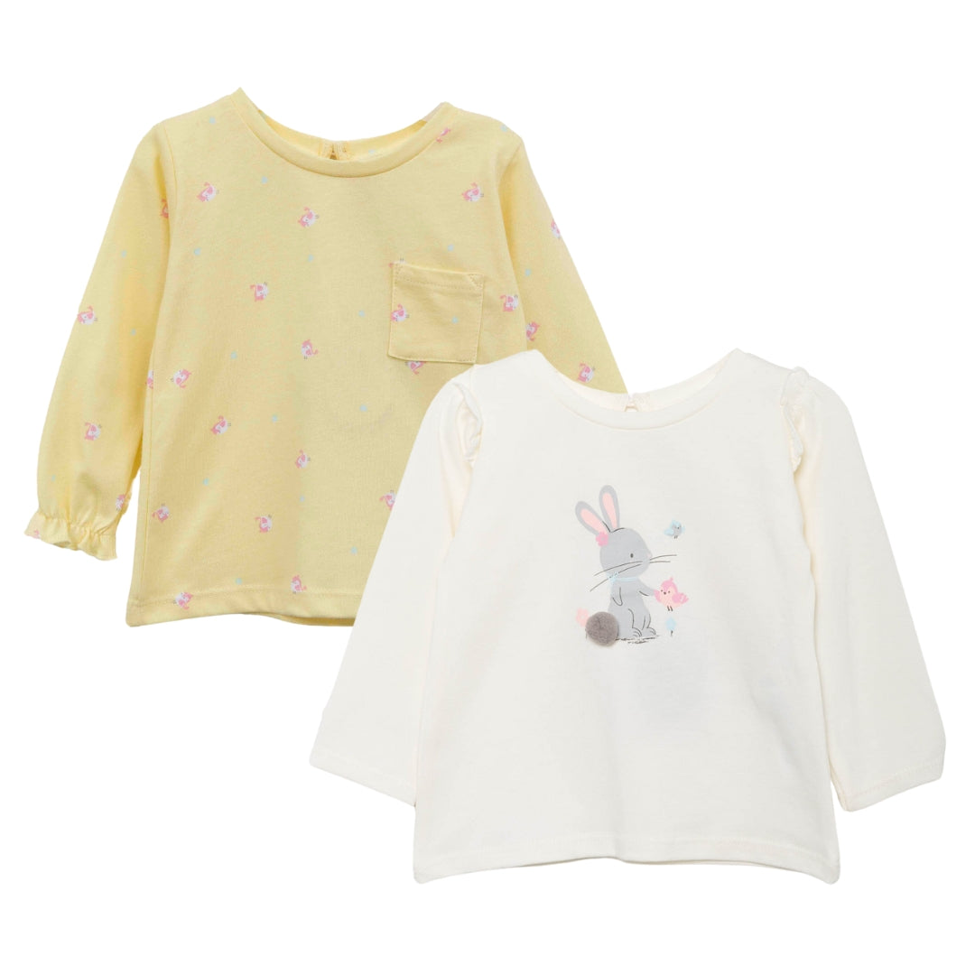 üßes Mädchen T-Shirt Bundle mit Hasenillustration und Vögelchen-Muster aus 100% Baumwolle
