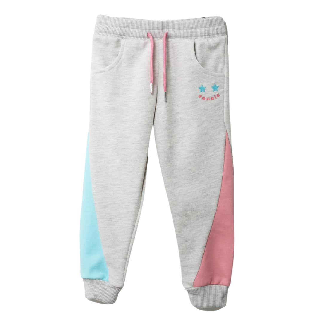 Pastelltraum Jogger in Grau, Blau und Pink mit „Sonríe“-Stickerei und pinken Kordelzügen