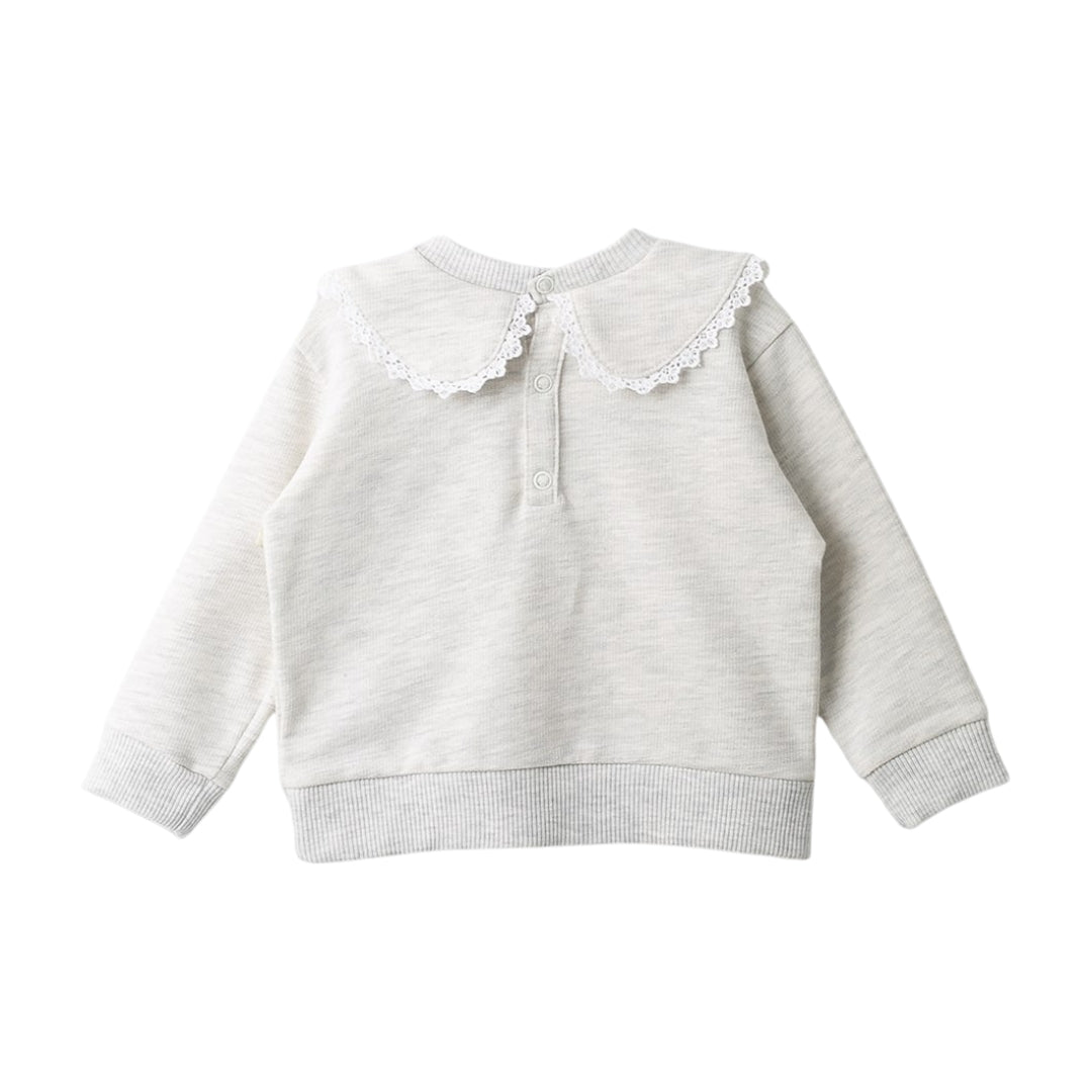 Rückansicht des grauen Pullovers für Baby-Mädchen mit Spitzenkragen und Druckknopfverschluss, ideal für kleine Abenteurerinnen.