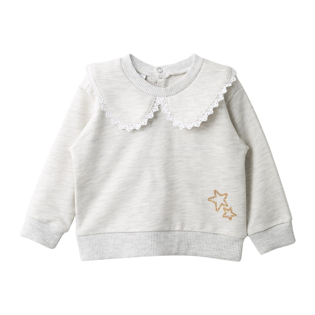 Grau-farbener Pullover für Baby-Mädchen mit Spitzenkragen und funkelnden Sternen, ideal für den Alltag.