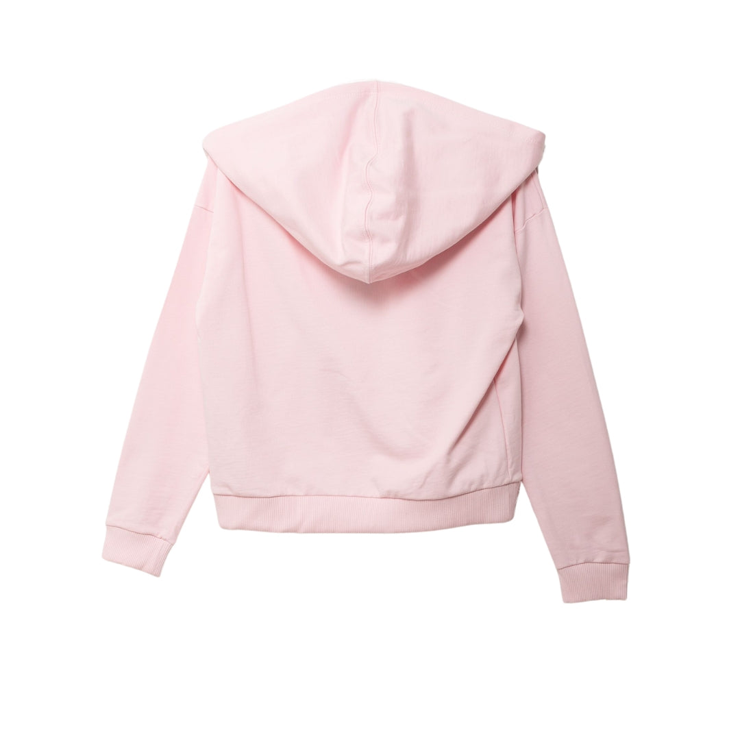 Rückansicht des rosa Hoodies für Mädchen mit Kapuze und gerippten Bündchen.