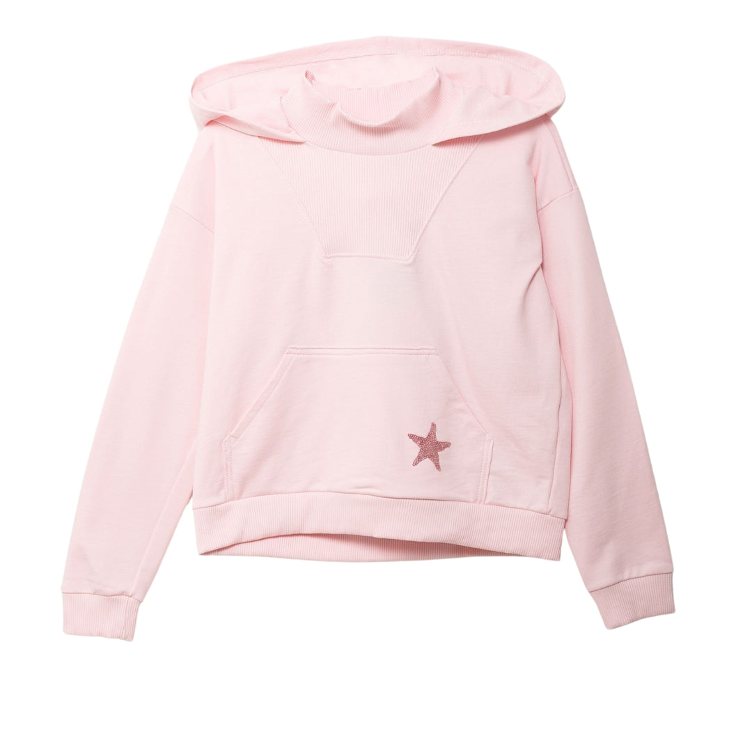 Rosa Hoodie für Mädchen mit Stehkragen, Kapuze und Kängurutasche.