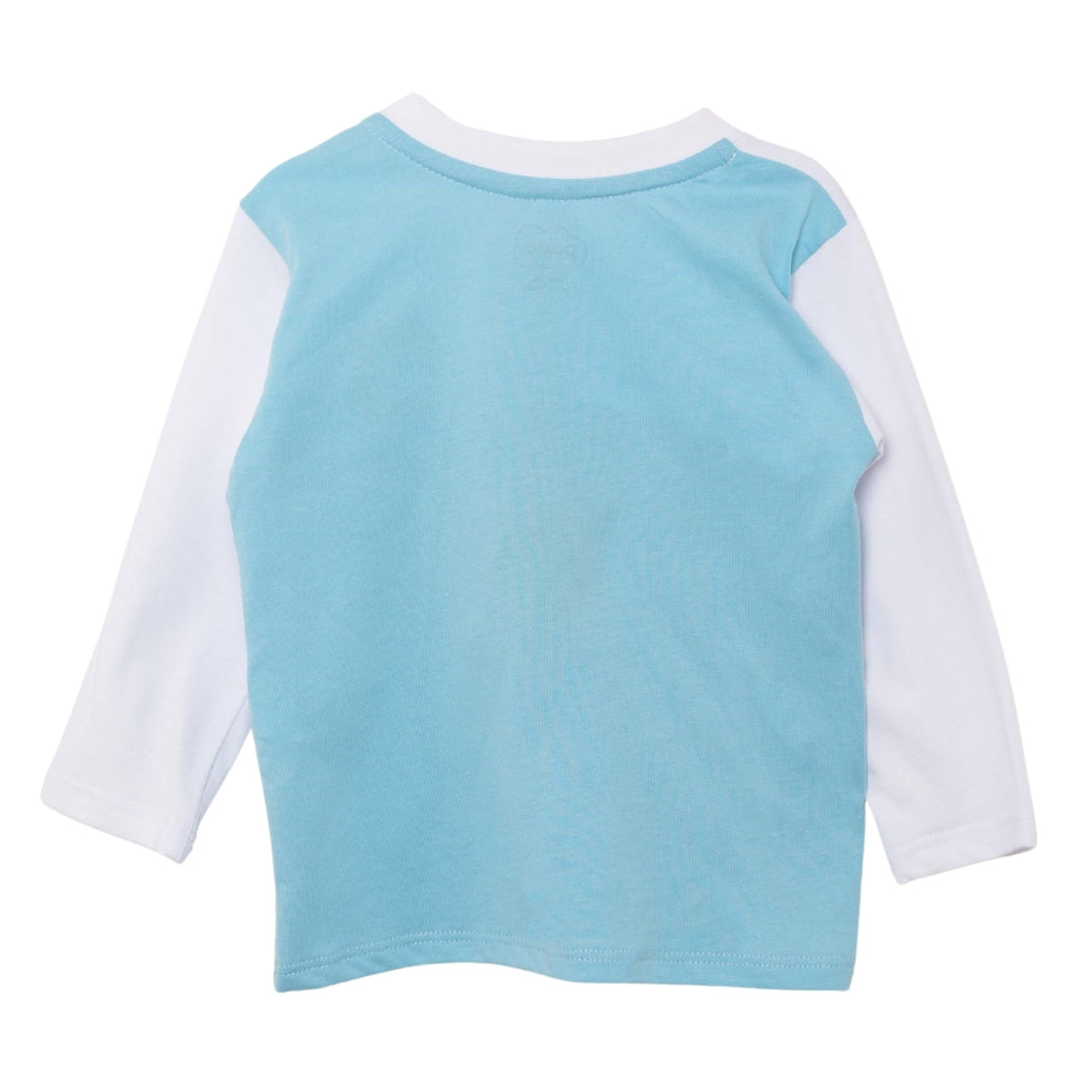 Rückansicht des Baby T-Shirts mit Löwen-Stickerei in Weiß und Hellblau