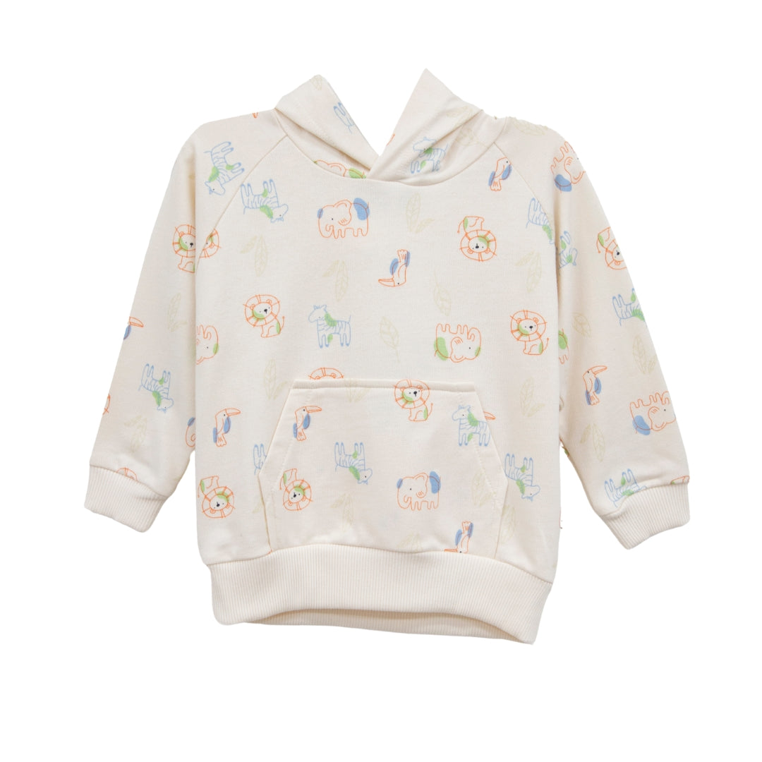 Safari-Abenteuer Hoodie in Elfenbein – Frontansicht mit Safari-Tier-Print und Kängurutasche, ideal für kleine Entdecker.