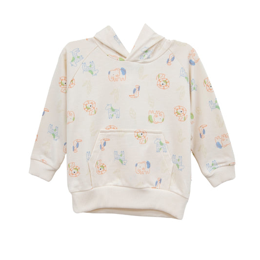 Safari-Abenteuer Hoodie in Elfenbein – Frontansicht mit Safari-Tier-Print und Kängurutasche, ideal für kleine Entdecker.