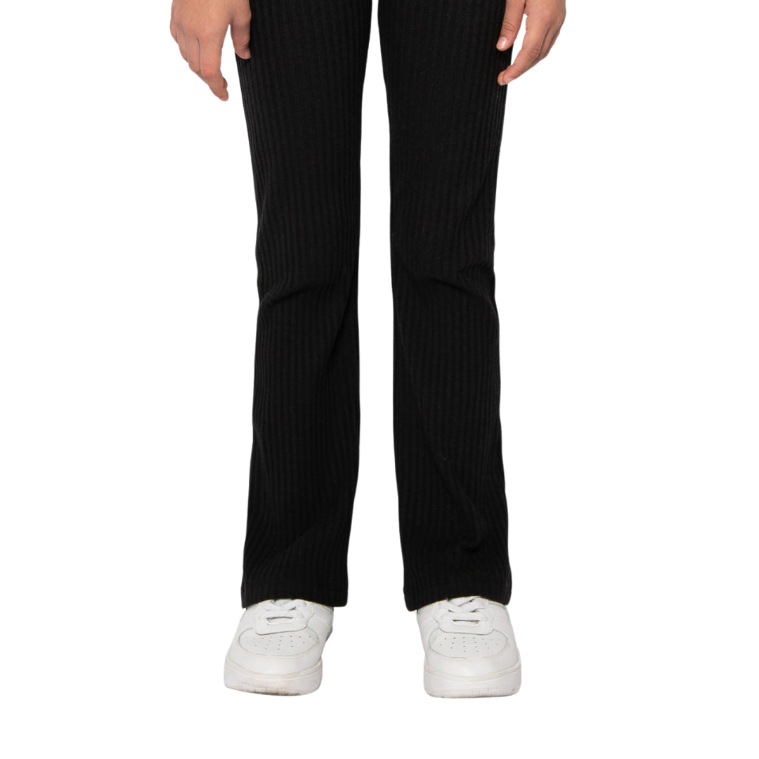 Schwarze Rippstrick-Leggings für Mädchen, Frontansicht