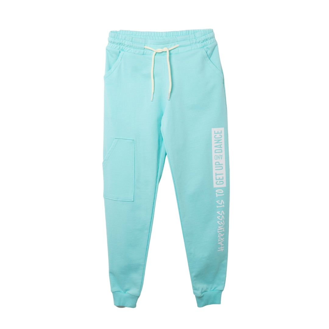 Türkisfarbene Sport-Hose für Kinder mit elastischem Bund und Seitentaschen.