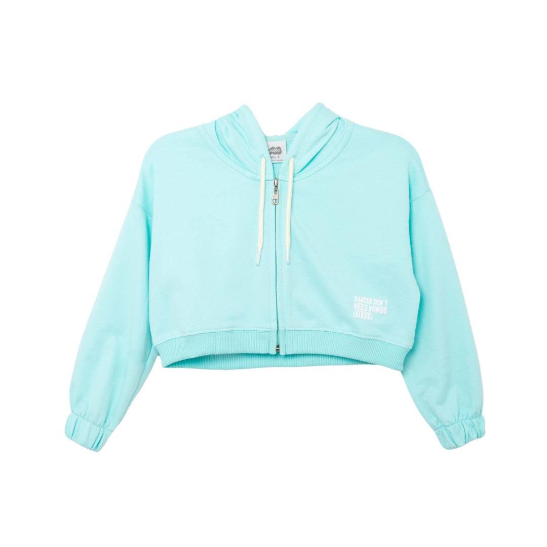 Türkisfarbener Kapuzenpullover für Kinder mit Reißverschluss und Druckmotiv.
