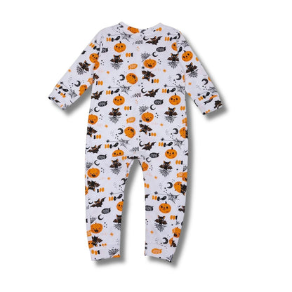 Rückansicht des Unisex-Babypyjamas mit festlichem Kürbismuster, hergestellt aus weicher, hautfreundlicher Baumwolle