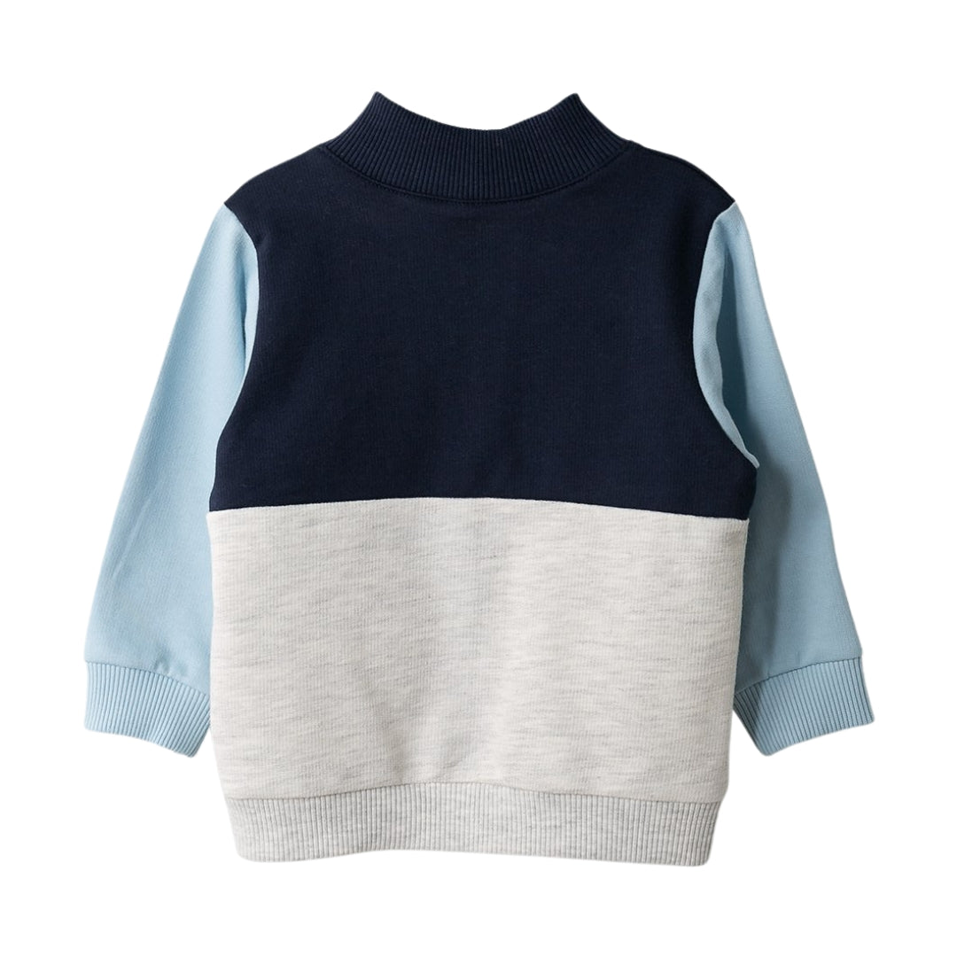 Rückansicht des Zip-Up Pullovers für Baby in Farbblöcken mit hohem Kragen und Reißverschluss, bequem für kleine Abenteurer.