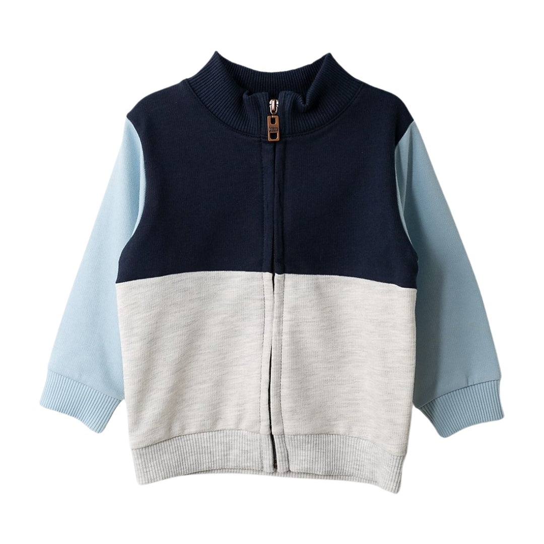 Fröhlicher Zip-Up Pullover für Baby in Farbblöcken mit hohem Kragen und Reißverschluss, ideal für den Alltag.