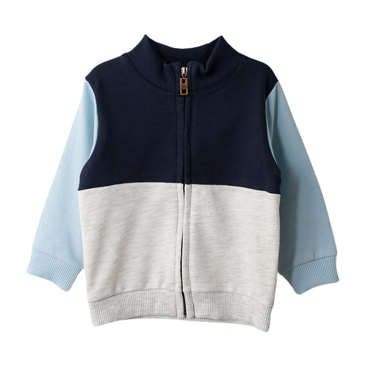 Fröhlicher Zip-Up Pullover für Baby in Farbblöcken mit hohem Kragen und Reißverschluss, ideal für den Alltag.