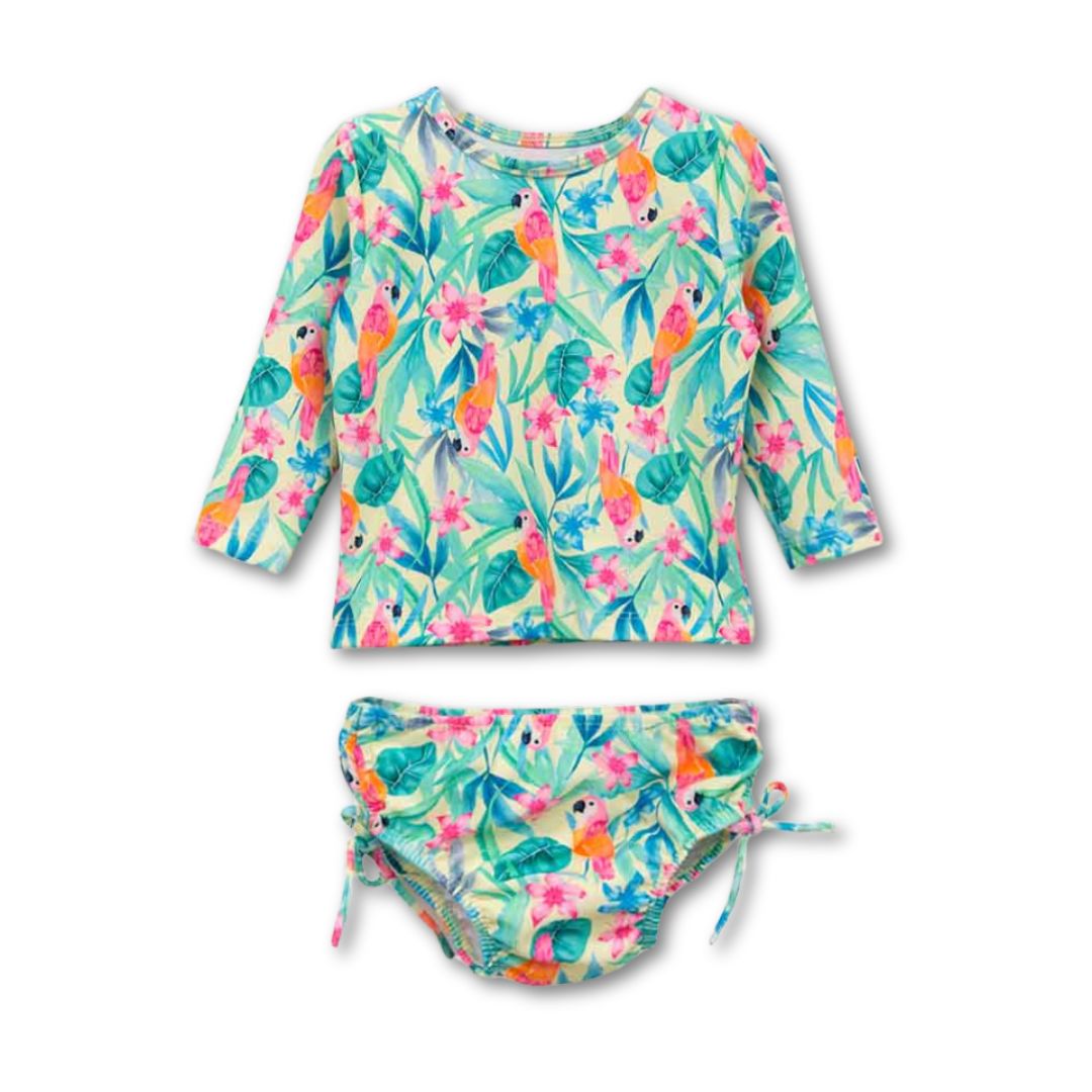 Baby Badeanzug-Set mit buntem Papagei-Print, langärmeliges Top und verstellbares Höschen