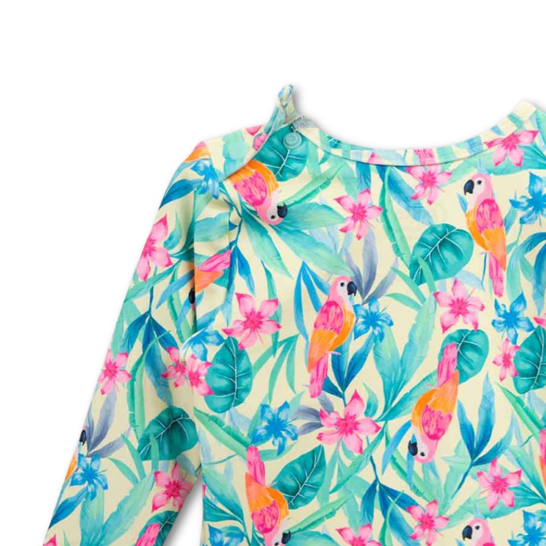 Detail Papagei-Print und Schulteröffnung am Badeanzug-Top
zweiteiliges-baby-badeanzug-set-papagei-detail