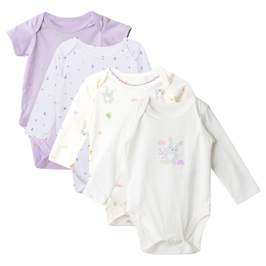 4er Pack Baby Bodys – Häschen, Herzchen & Blumen