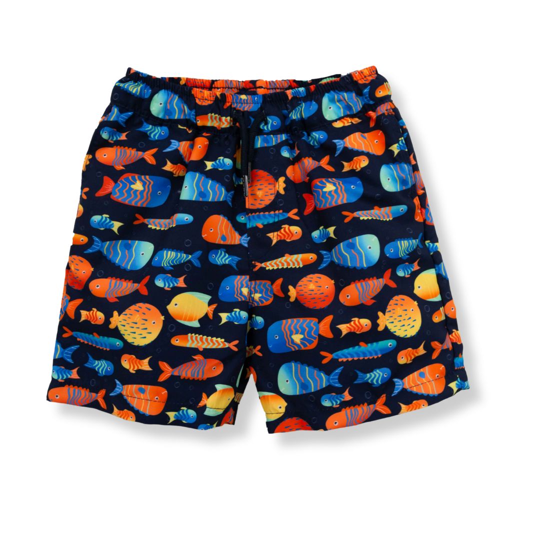 Blau navy Badehose mit Fisch-Print, elastischem Bund und versteckten Taschen – bequem und stylisch.