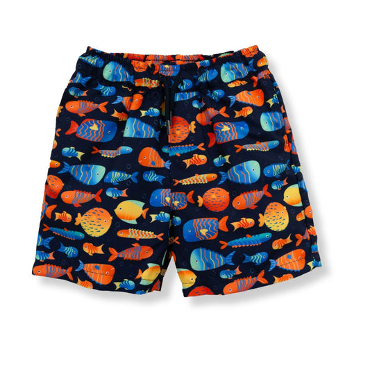 Blau navy Badehose mit Fisch-Print, elastischem Bund und versteckten Taschen – bequem und stylisch.