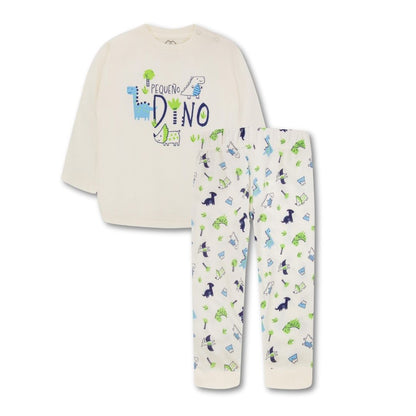 Zweiteiliger Baby-Schlafanzug in Marfil mit Dino-Motiv und pequeño dino-Schriftzug 