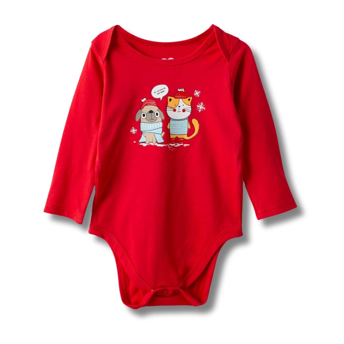 Vorderansicht des Weihnachts-Bodys „Mi primera navidad“ für Babys, chemiefreier Aufdruck, weiche Baumwolle