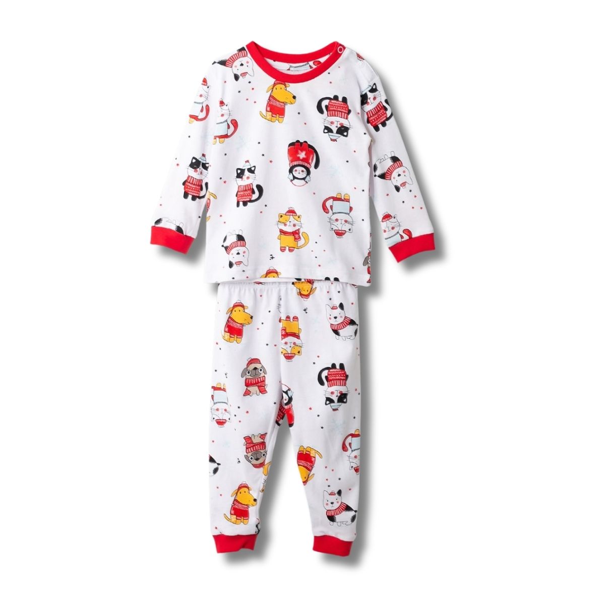 Vorderansicht des Unisex-Weihnachtsschlafanzugs für Babys mit festlichen Weihnachtsmotiven, chemiefreier Aufdruck, weiche Baumwolle