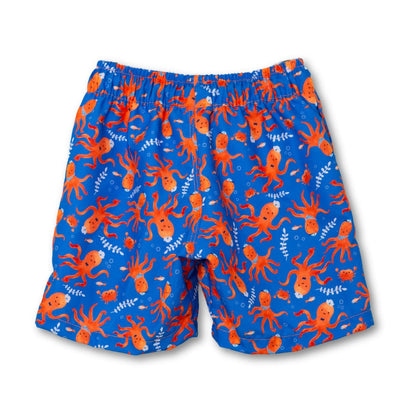 Rückseite der blauen Baby-Badehose mit elastischem Bund und niedlichem Oktopus-Muster