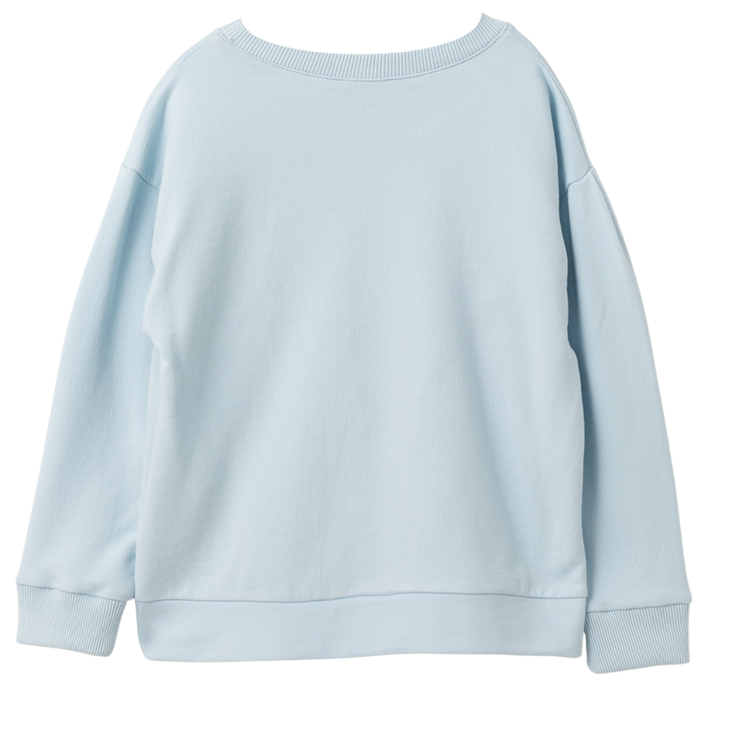 Rückseite des hellblauen Blumen Pullovers mit schlichtem Look.