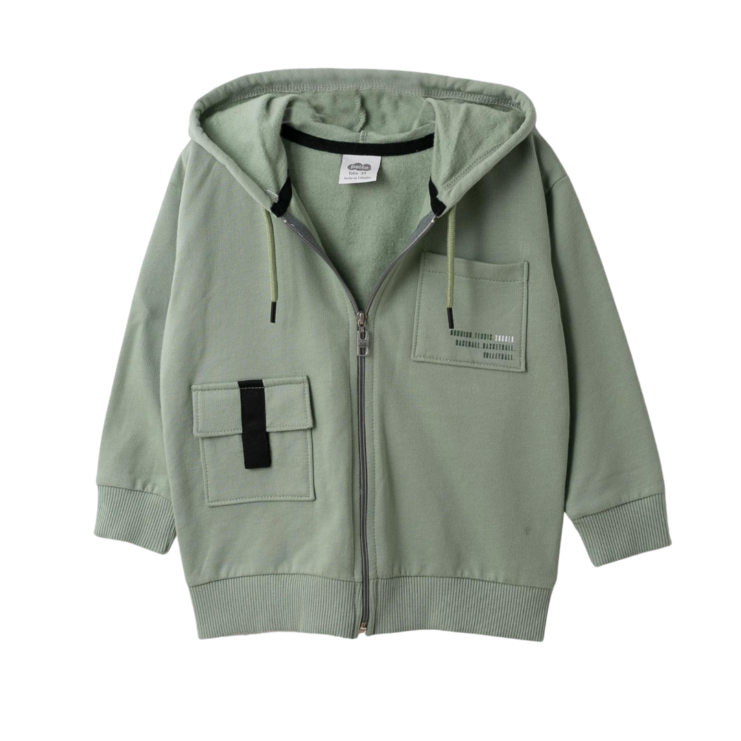 Grüner Zip-up Hoodie für Jungen, mit verspieltem Druck auf der Tasche und komfortabler Kapuze.