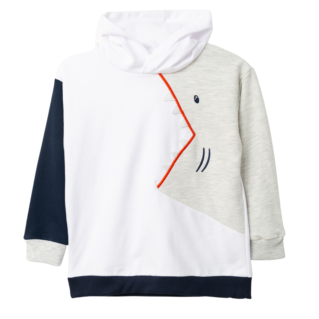 Kinder Hoodie mit Haifischzähnen und Kapuze – grauer Pullover mit verspieltem Design für kleine Abenteurer.