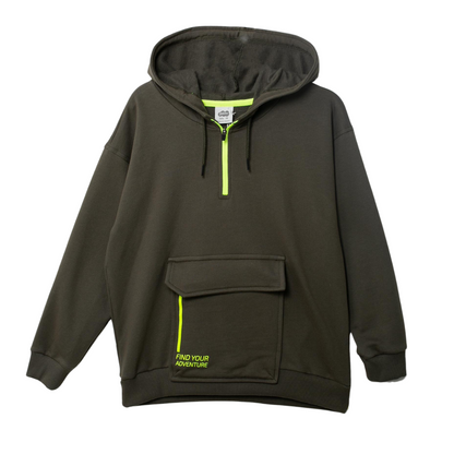 Militärgrüner Hoodie mit Kängurutasche und auffälligem neonfarbenem Reißverschluss.