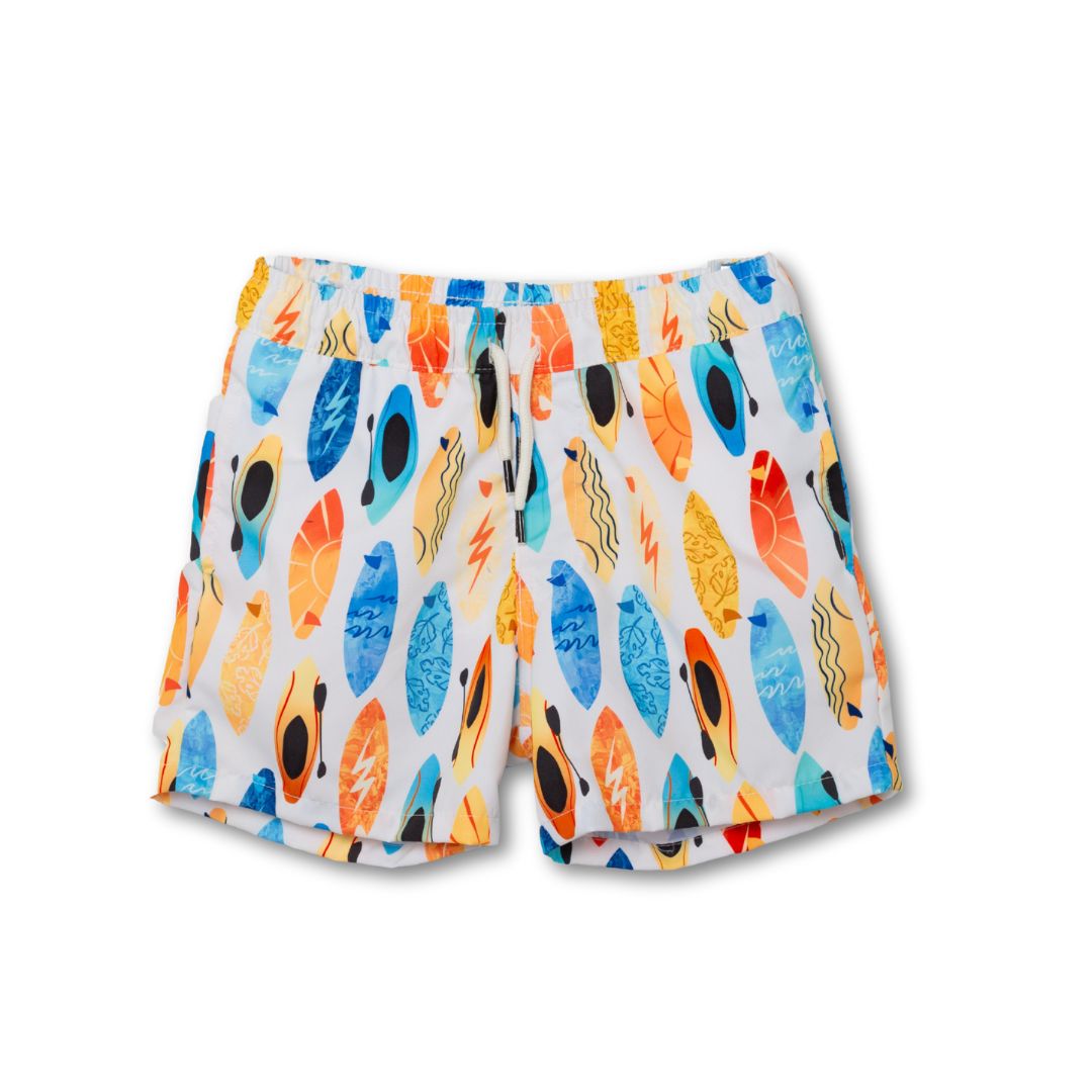 Jungen Badehose mit blauem Surfbrett-Print und verstellbarem Bund – jungen-badehose-surfbrett-front