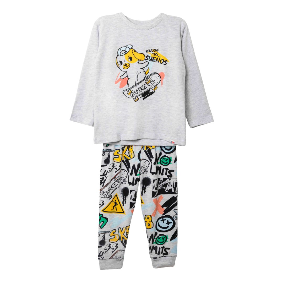 Schlafanzug für Kinder mit Skate-Hund und Graffiti-Print – Vorderansicht