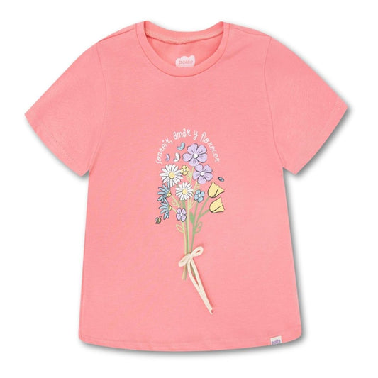 Weiches, lachsrosa Kurzarm T-Shirt mit Blumenprint und 3D-Applikation – komfortabel und bezaubernd.