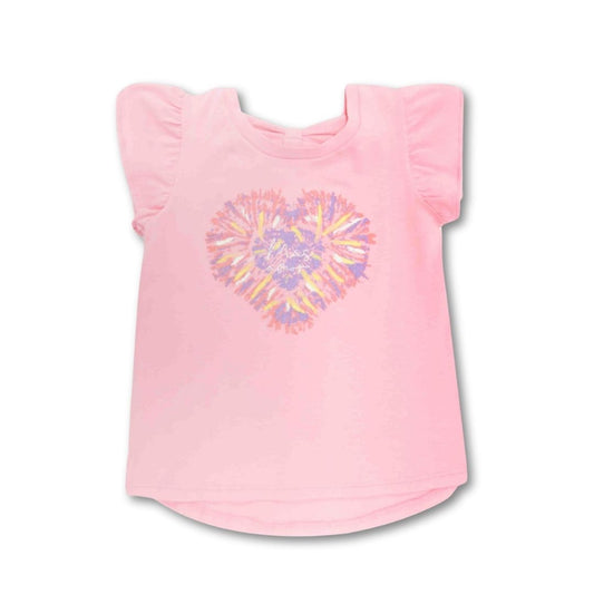 Weiches, rosafarbenes Kurzarm T-Shirt mit gerafften Ärmeln und Herz-Print „Más amor“ – komfortabel und liebevoll gestaltet.