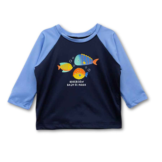 blaues Langarm-Badeshirt mit Fisch-Print und „Diversión bajo el agua“-Spruch – weich und elastisch.