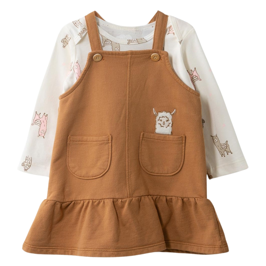 Llama-Latzkleid Set für Mädchen mit weißem Langarm-Body mit Llama-Muster und braunem Kleid mit besticktem Llama
