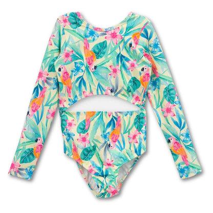 Mädchen Badeanzug mit buntem Papagei-Print, bequem und praktisch langarm-badeanzug-papagei-front