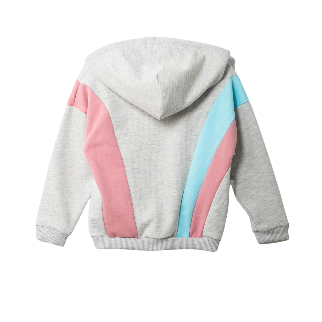 Rückansicht des Pastelltraum Hoodies mit praktischer Kapuze, Kordelzug und gerippten Bündchen.
