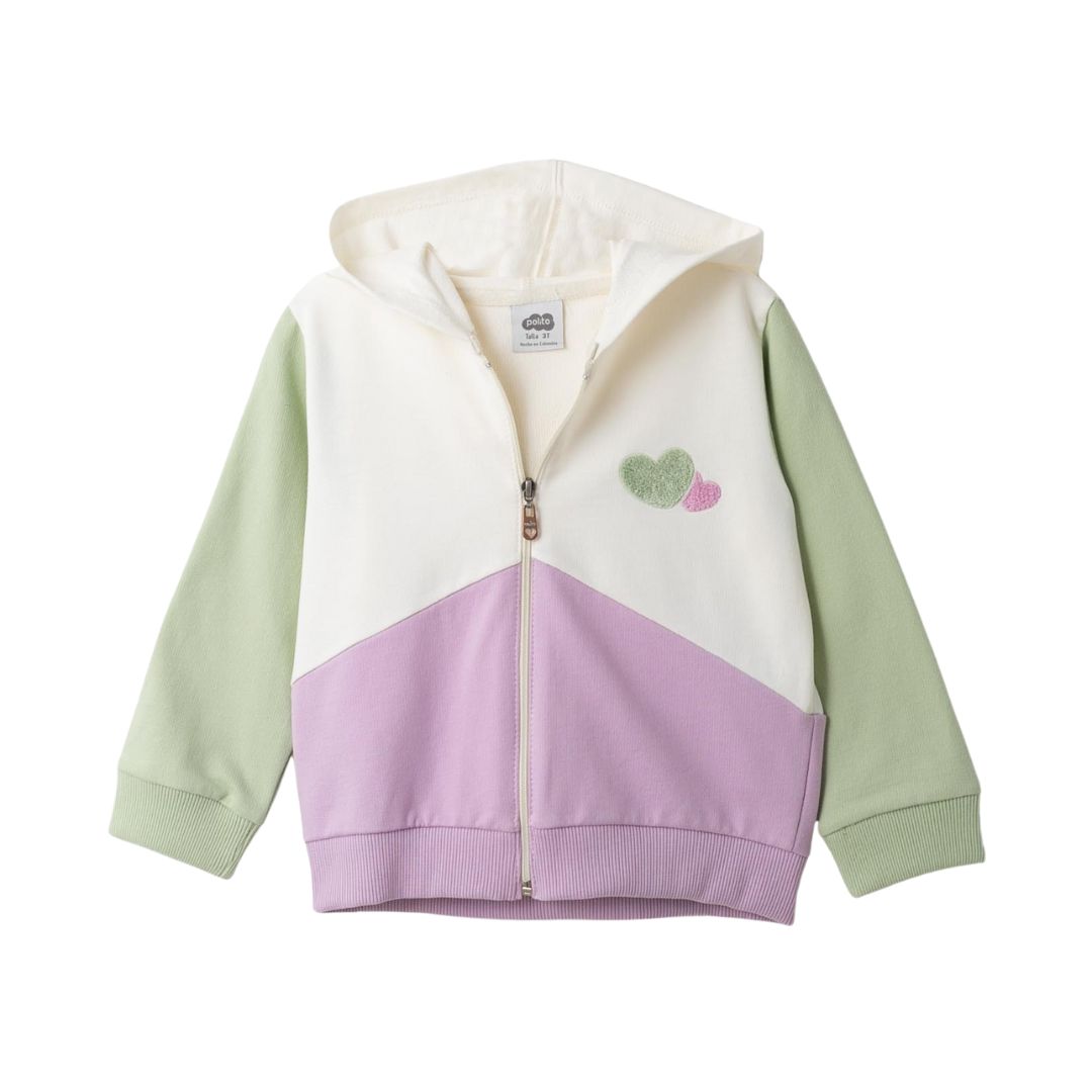 Frontansicht des stylischen Zip-Up Hoodies im Farbblock-Design mit Herz-Stickerei auf der Brust