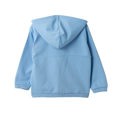 ückansicht des blauen Zip-up Hoodies mit "Be Kind"-Stickerei
