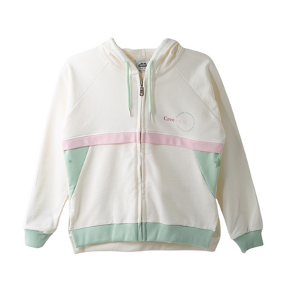 Mädchen-Zip-up Hoodie in Creme, Rosa und Minze – mit Kapuze und praktischen seitlichen Schlitzen.