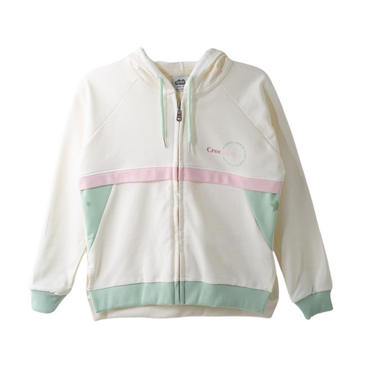 Mädchen-Zip-up Hoodie in Creme, Rosa und Minze – mit Kapuze und praktischen seitlichen Schlitzen.