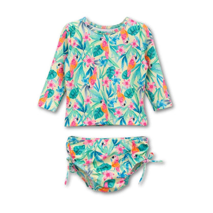 Baby Badeanzug-Set mit buntem Papagei-Print, langärmeliges Top und verstellbares Höschen 